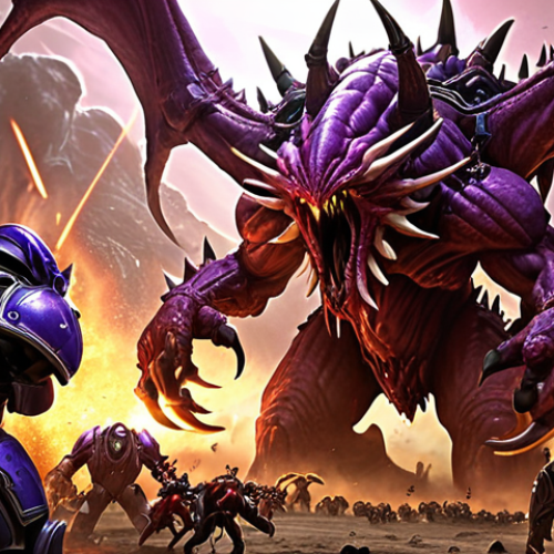 Home 13 A colossal Zerg Ultralisk, its thick keratinous armor gleaming, spearheads a relentless Zerg ground assault. Agile Zerglings swarm around its massive legs, while explosive Banelings roll ahead, detonating amidst enemy infantry. The scene captures an unstoppable organic force, breaking through fortified lines, with dust and debris flying, showcasing overwhelming power and chaos on the battlefield. StarCraft II, epic battle, wide shot, high detail.