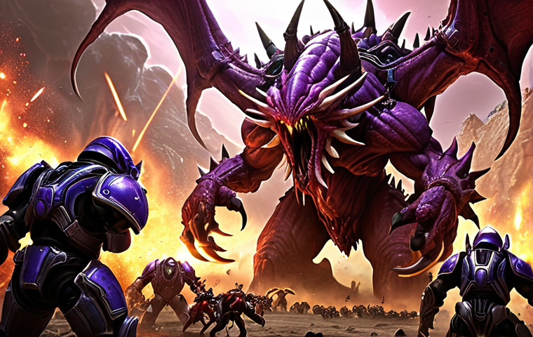 A colossal Zerg Ultralisk, its thick keratinous armor gleaming, spearheads a relentless Zerg ground assault. Agile Zerglings swarm around its massive legs, while explosive Banelings roll ahead, detonating amidst enemy infantry. The scene captures an unstoppable organic force, breaking through fortified lines, with dust and debris flying, showcasing overwhelming power and chaos on the battlefield. StarCraft II, epic battle, wide shot, high detail.