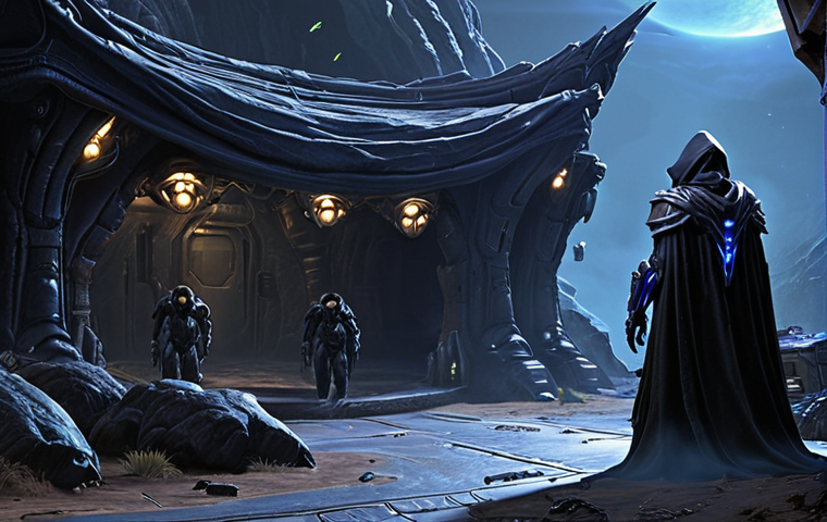 **
A cloaked Wraith scouting an enemy base in StarCraft II. Emphasize the stealth and recon aspect with a dark, shadowy environment.
**
