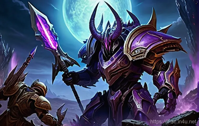 저그 울트라리스크 활용법 - **A Fully Upgraded Zerg Ultralisk Leading the Charge:**
    A massive and fearsome Zerg Ultralisk, i...