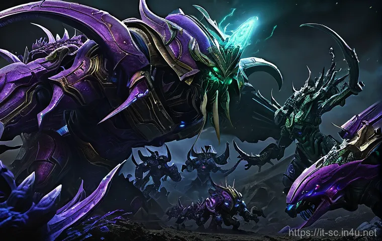 저그 울트라리스크 활용법 - **A Fully Upgraded Zerg Ultralisk Leading the Charge:**
    A massive and fearsome Zerg Ultralisk, i...