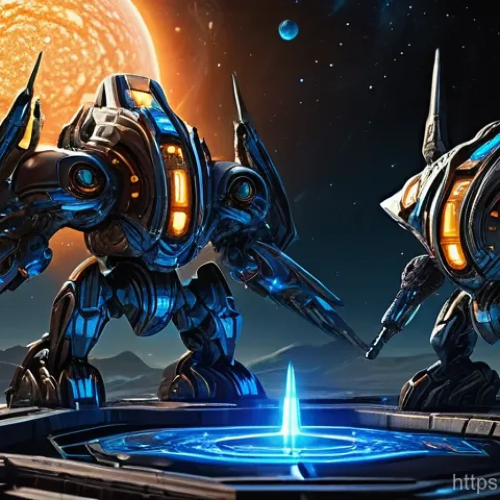 스타크래프트 패치 히스토리 - An intricate, futuristic holographic scale, glowing with blue and orange energy, perfectly balanced ...
