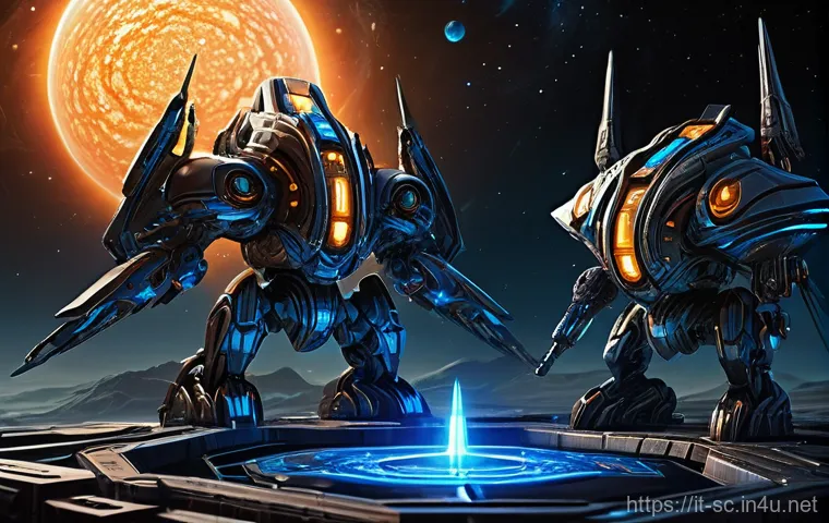 스타크래프트 패치 히스토리 - An intricate, futuristic holographic scale, glowing with blue and orange energy, perfectly balanced ...