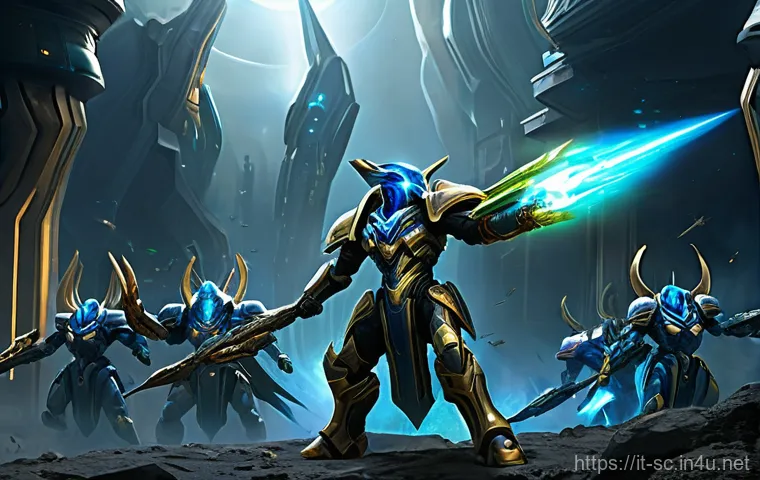 프로토스 게이트웨이 타이밍 - **Prompt: Mid-Game Protoss Gateway Production and Expansion Support.**
    "An expansive view of a P...