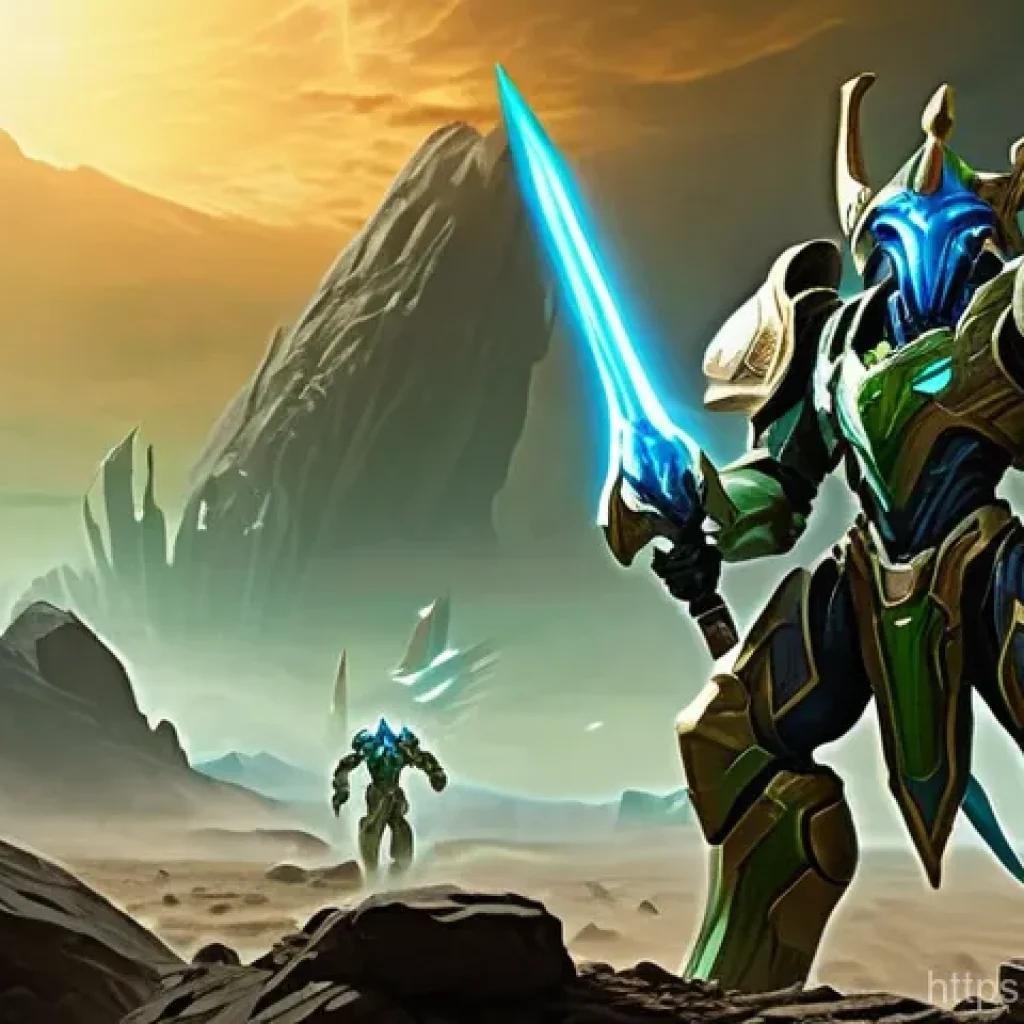 프로토스 중반 이후 공격 타이밍 - **"A grand Protoss mid-game assault: In the foreground, two imposing Immortals, their reinforced shi...