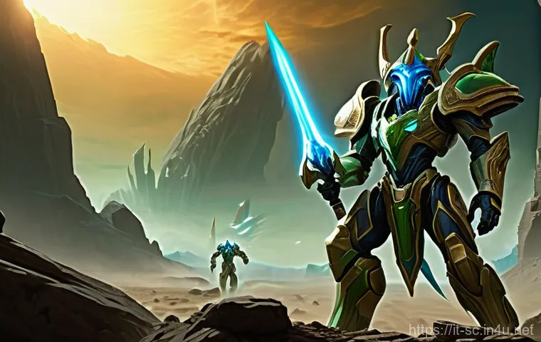 프로토스 중반 이후 공격 타이밍 - **"A grand Protoss mid-game assault: In the foreground, two imposing Immortals, their reinforced shi...