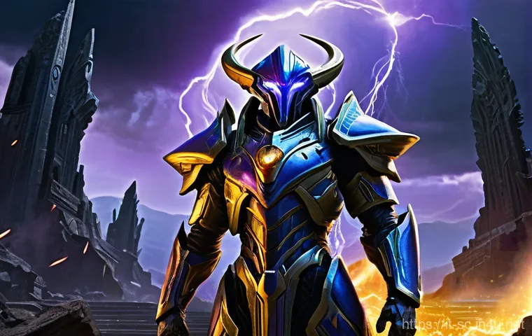 프로토스 중반 이후 공격 타이밍 - **"Dominance on the battlefield: A towering Protoss Colossus, its four legs striding across a barren...