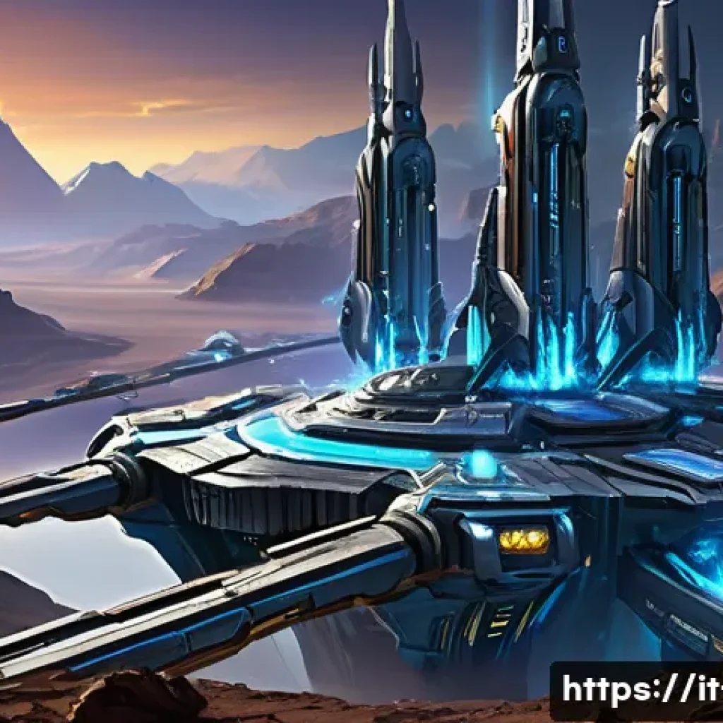 프로토스 고급 빌드 오더 - A detailed, futuristic Protoss base in a vibrant sci-fi landscape, showing multiple resource-gatheri...