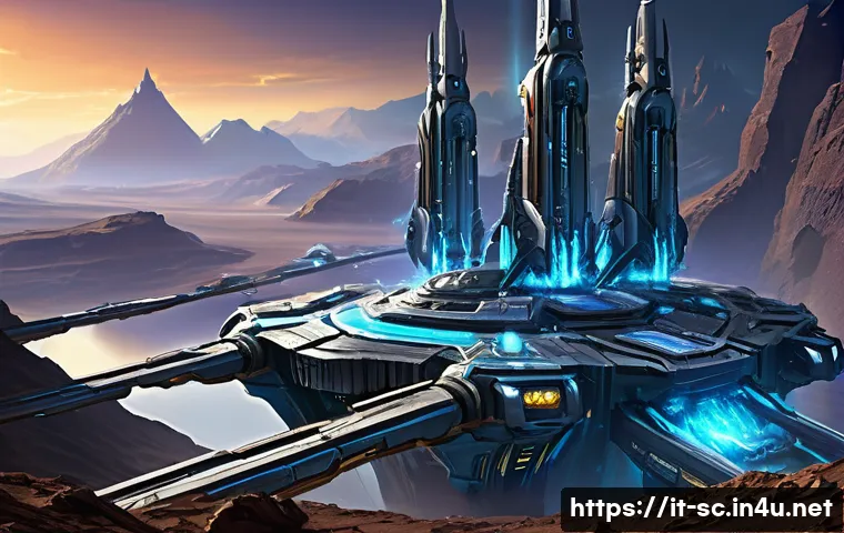 프로토스 고급 빌드 오더 - A detailed, futuristic Protoss base in a vibrant sci-fi landscape, showing multiple resource-gatheri...