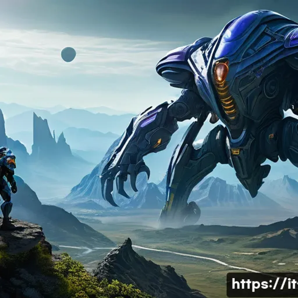 저그 오버로드 정찰법 - A detailed sci-fi battlefield scene featuring a Zerg Overlord hovering high above a rugged terrain w...