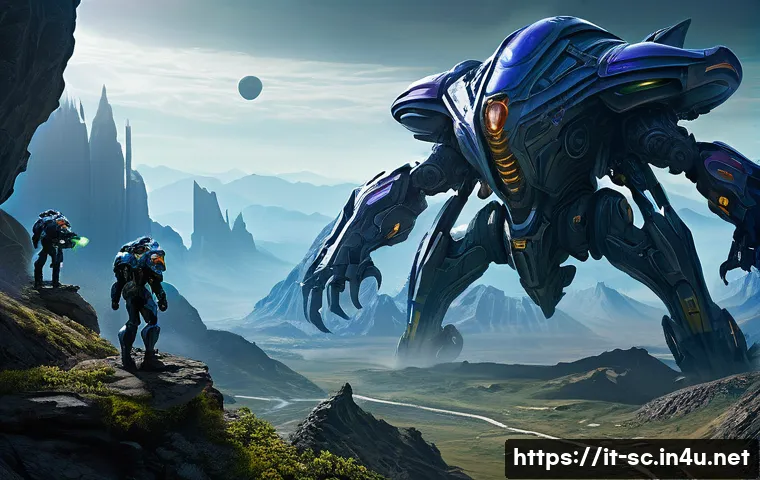 저그 오버로드 정찰법 - A detailed sci-fi battlefield scene featuring a Zerg Overlord hovering high above a rugged terrain w...