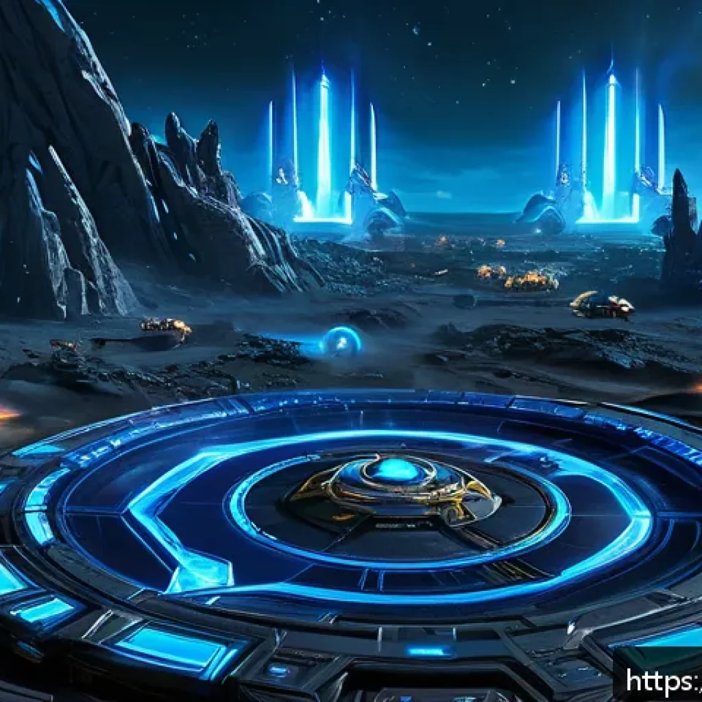 프로토스 초기 게임 리소스 관리 - A futuristic Protoss base in a StarCraft II setting, showing a balanced distribution of 16 mineral-g...