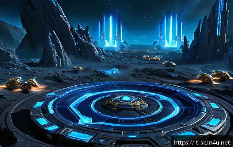 프로토스 초기 게임 리소스 관리 - A futuristic Protoss base in a StarCraft II setting, showing a balanced distribution of 16 mineral-g...