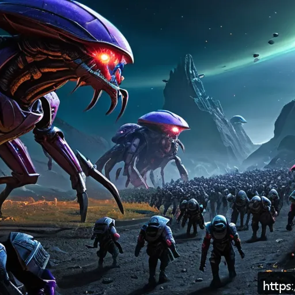 저그 레이트 게임 조합 - A detailed sci-fi battlefield scene showcasing a Zerg late-game army composition: massive Ultralisks...
