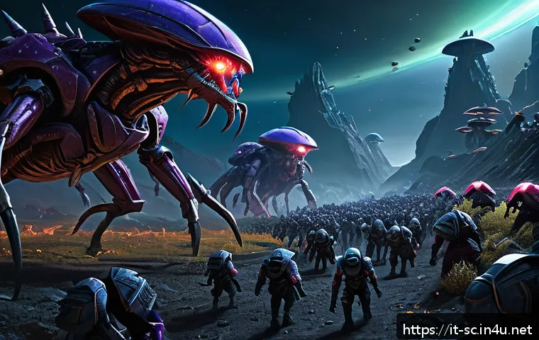 저그 레이트 게임 조합 - A detailed sci-fi battlefield scene showcasing a Zerg late-game army composition: massive Ultralisks...