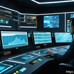 저그 라바 효율 관리 - A highly detailed futuristic strategy game control room scene, showcasing multiple holographic scree...