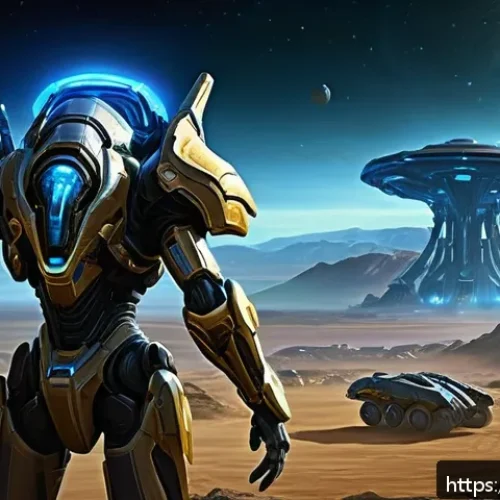 프로토스 정찰 전략 - A detailed digital artwork of a Protoss Probe unit from StarCraft II, depicted scouting an enemy bas...