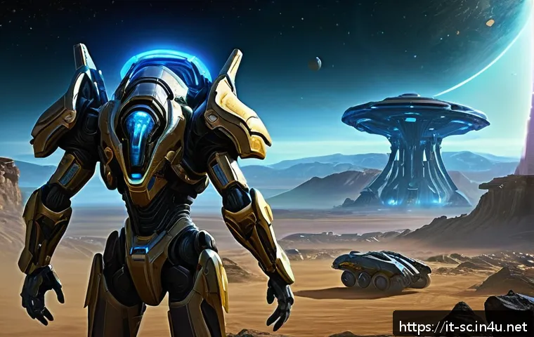 프로토스 정찰 전략 - A detailed digital artwork of a Protoss Probe unit from StarCraft II, depicted scouting an enemy bas...