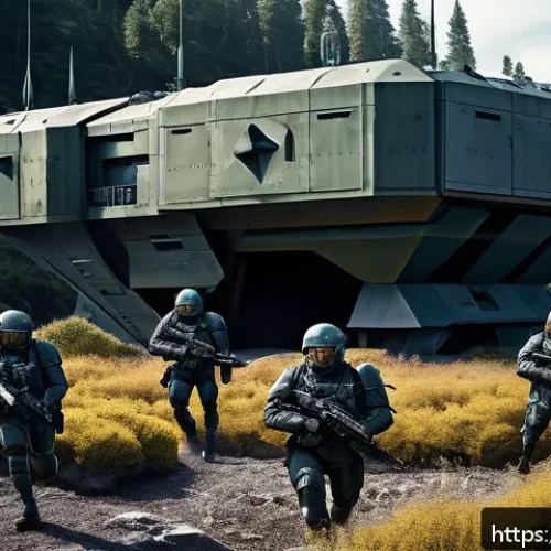테란 벙커 디펜스 - A detailed sci-fi military bunker positioned strategically on a rugged terrain featuring natural cho...