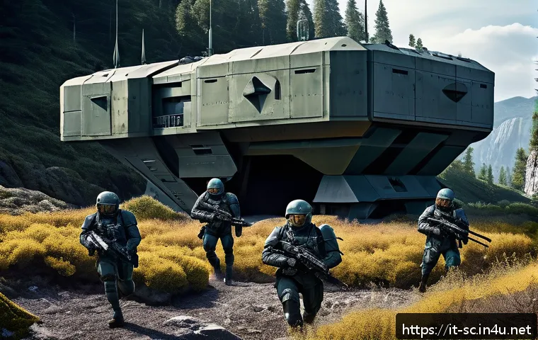 테란 벙커 디펜스 - A detailed sci-fi military bunker positioned strategically on a rugged terrain featuring natural cho...